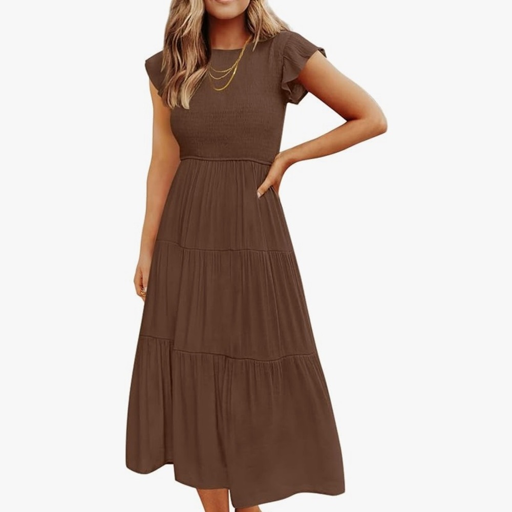 NWOT Zesica Coffee Brown Smocked Flutter Sleeve maxi dress size L